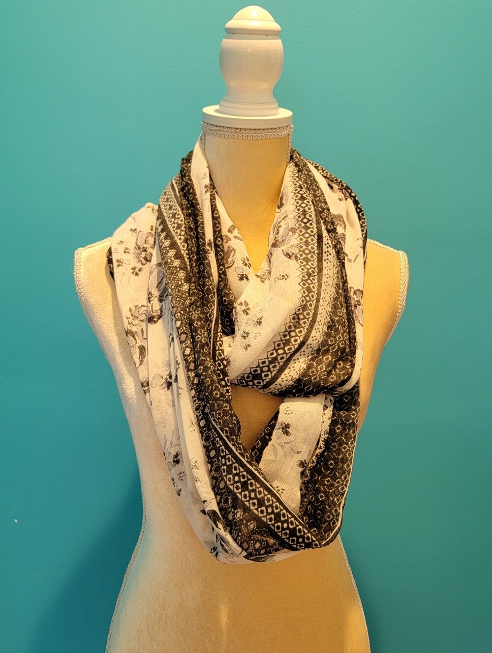 Charming Charlie Sheer Black & White Rose Infinity Scarf